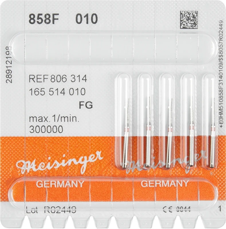 Diamanten 858 Packung 5 Stück rot fein, FG, Figur 165 kon. spitz, Nadel, 8 mm, ISO 010