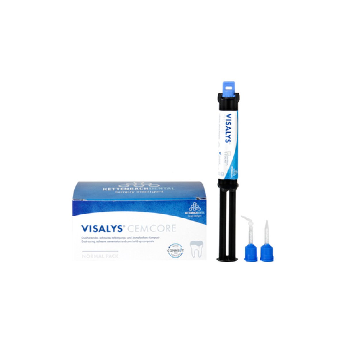 Visalys CemCore Bleach Normal pack: 1 x 5 ml, 10 Mischkanülen blau spitz, 10 Mischkanülen blau stumpf, 6 Intraoral tips, 4 Endo tips