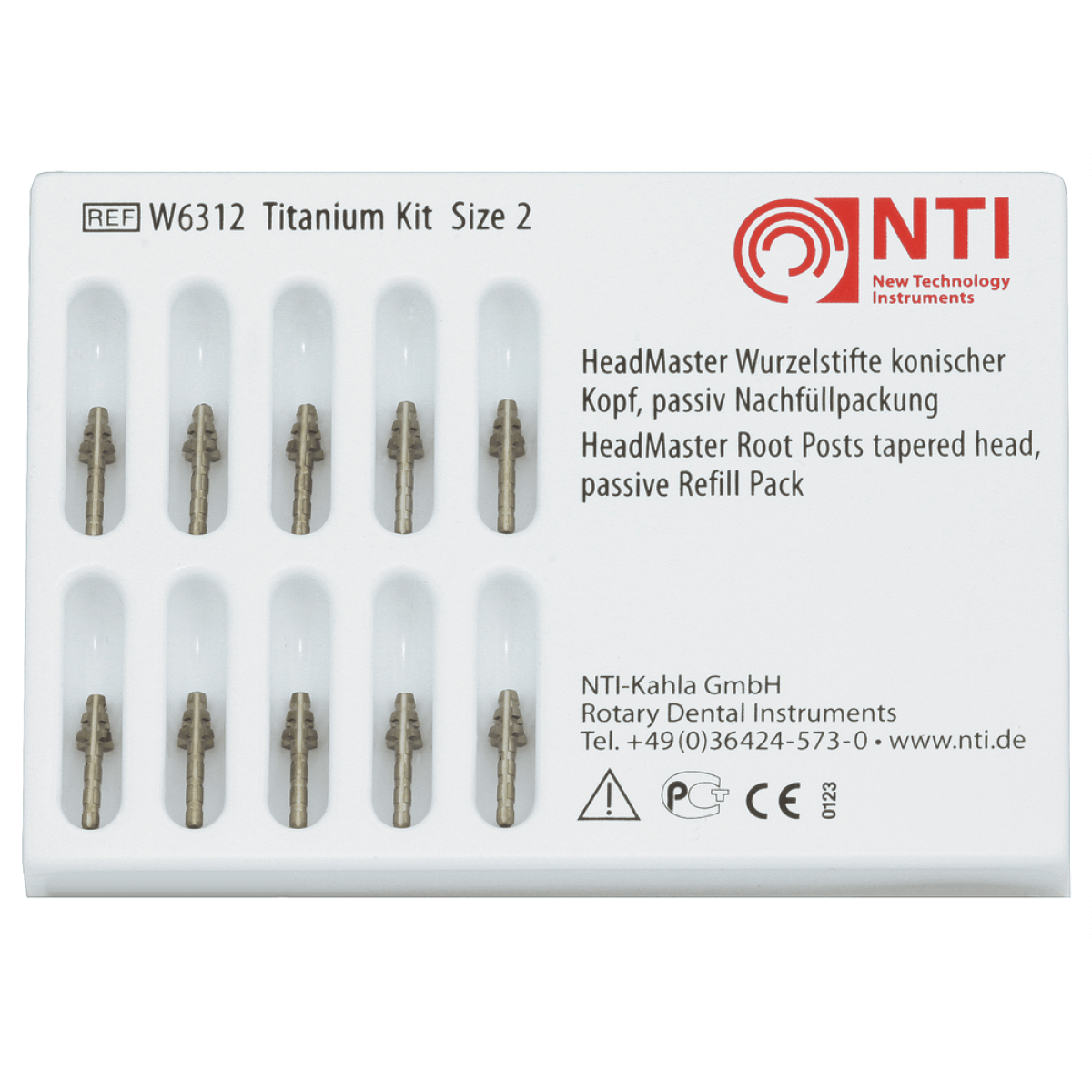 Wurzelstift aus Titan kurz W6312 mit konischem Kopf passiv Größe 2 Nachfüllpackung 10 Stifte ohne Vorbohrer Head Master