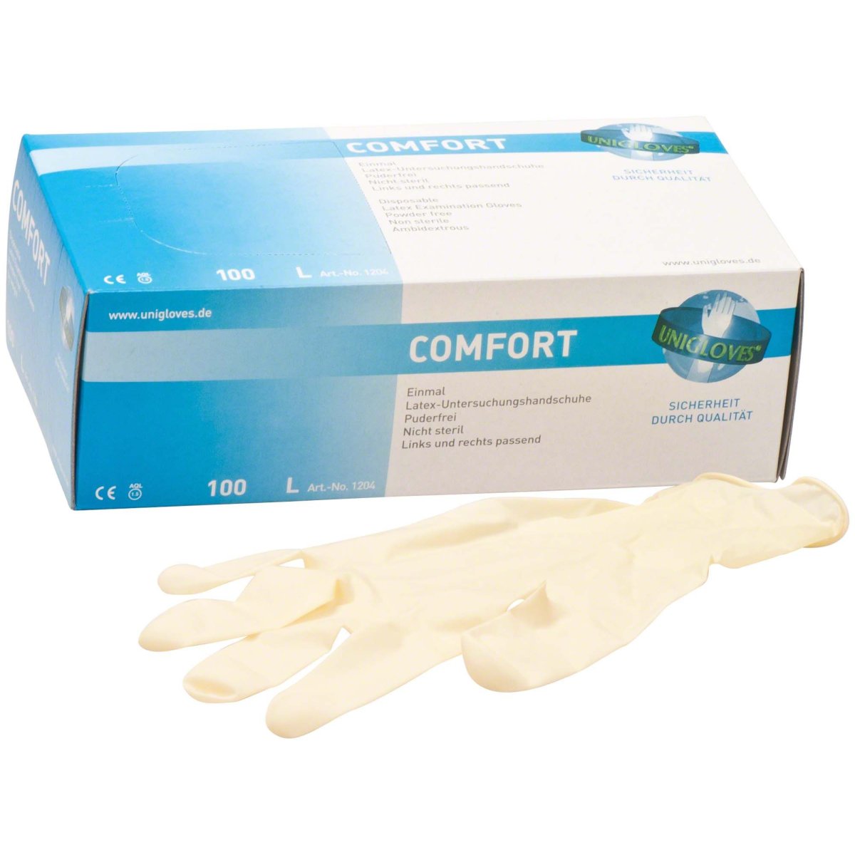 Comfort Einmalhandschuhe, Latex, puderfrei, Größe L, Packung à 100 Stück