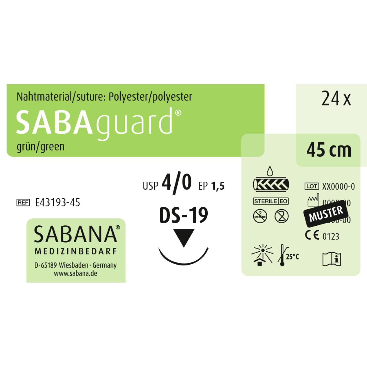 SABAguard – nicht resorbierbares Nahtmaterial, Polyester (PET), geflochten – 45, DS-19, 4-0, 24 Stück